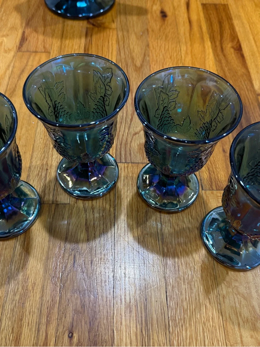Iridescent Blue Glass Pitcher and 4 Goblets Set